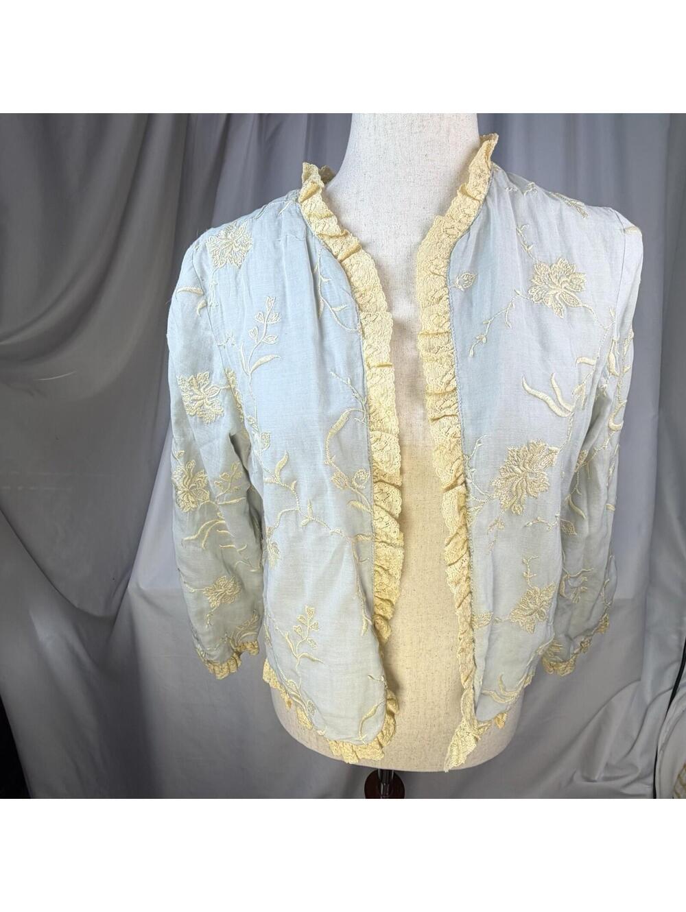 Ralph Lauren Silk Cotton Blend Blazer Jacket Women Light Blue Embroidered Lace S